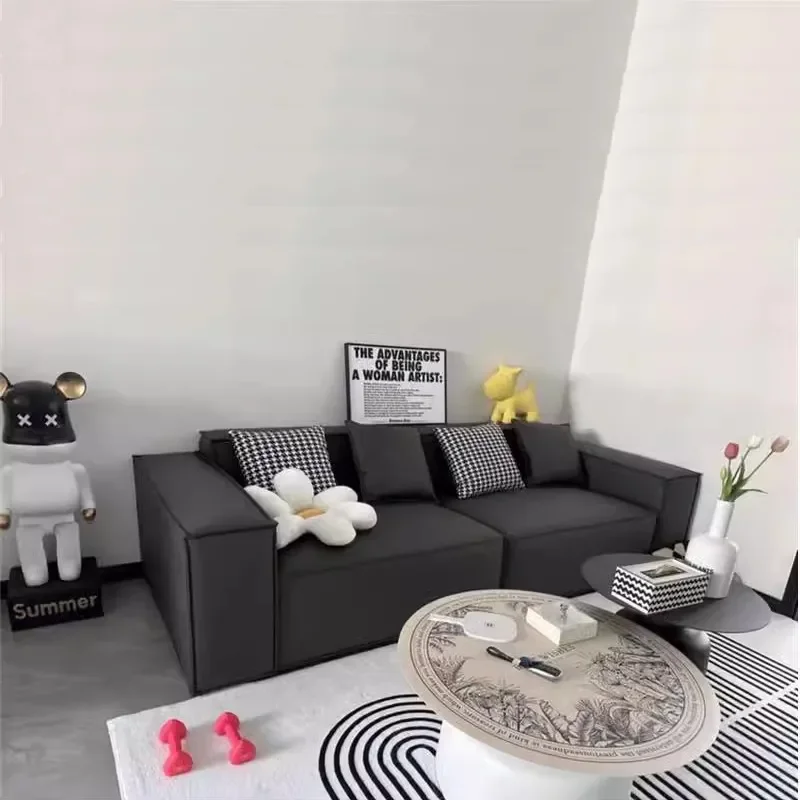Medieval Style Black Leather Sofa Simple Long Square Design Modern Minimalist Furniture for Small Apartment Living Room Tofu