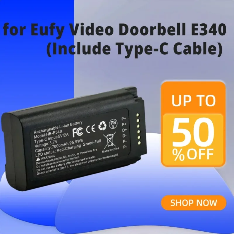 

25,9 Втч, 3,7 В для видеодомофона Eufy E340 (в комплект входит кабель Type-C), литий-ионная аккумуляторная батарея емкостью 7000 мАч с зарядным портом USB-C