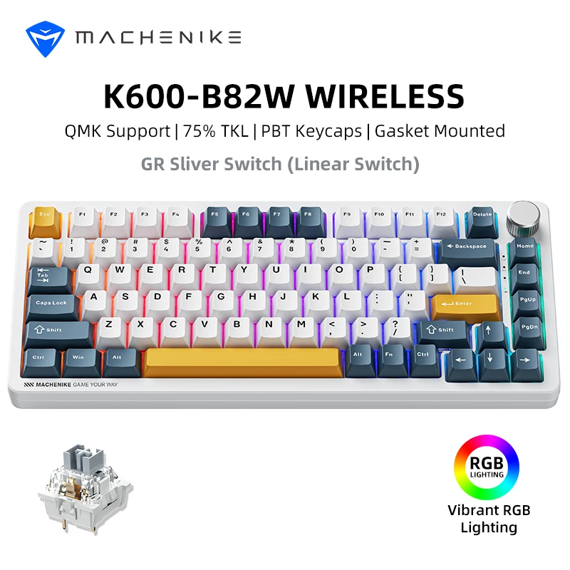

Machenike K600-B82W Mechanical Keyboard Gasket Mounted 75% ANSI Layout Web Driver Support RGB Backlit Wireless Gaming Keyboard