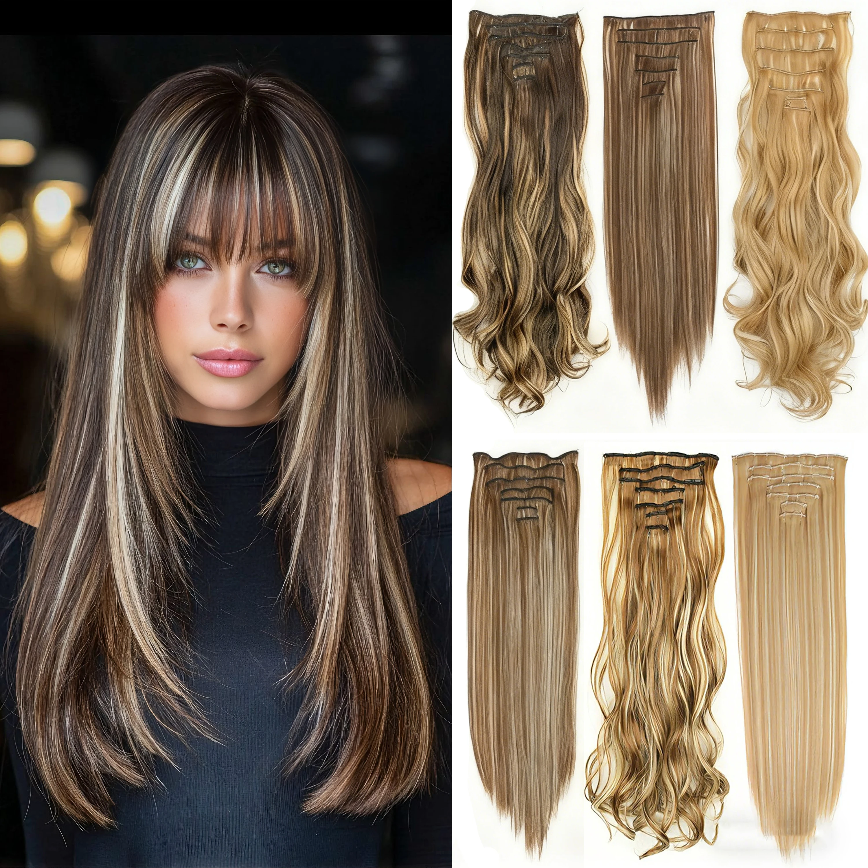 22Inch Synthetic Long Straight Clip In Hair Extensions 16 Clips For Women Fake False Hair Pieces Ombre Black Blonde Styling Hair