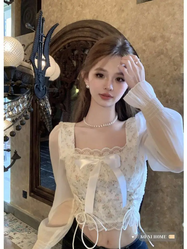 Chiffon Long Sleeve Blouse Women French Sweet Bow Floral Drawstring Slim Crop Top 2026 New Fairy Versatile Shirt Blusas