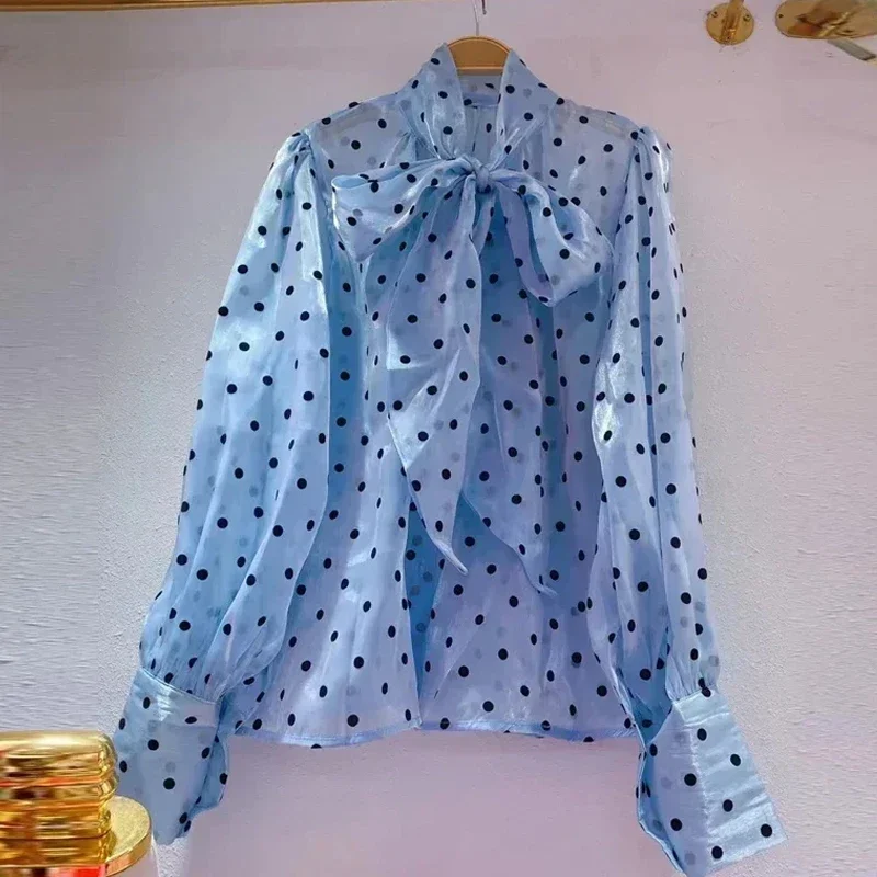 Chemisier imprimé à pois pour femmes, chemise à manches longues bouffantes, vêtements doux, bureau, nouveau, automne, 2023, 29920