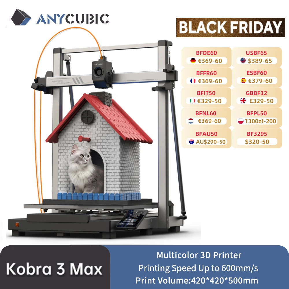 

ANYCUBIC Kobra 3 Max Multi-Color 3D Printer Max Speed 600mm/s Massive Build Volume 500*420*420mm Smart APP Control