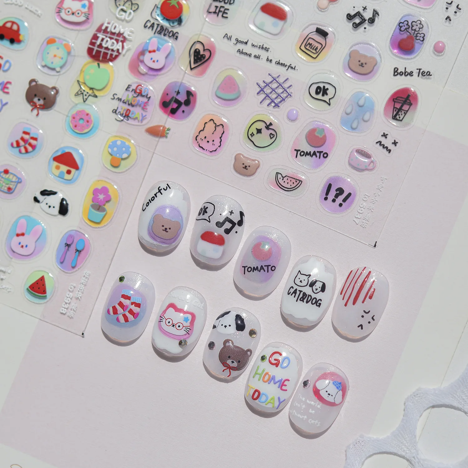 Graffiti Oval Jelly Einfache Zeichnungen Tierfutter Obst Musiknoten Linienkunst Jelly 5D Nagelaufkleber Selbstklebende Niedliche Nageldekoration