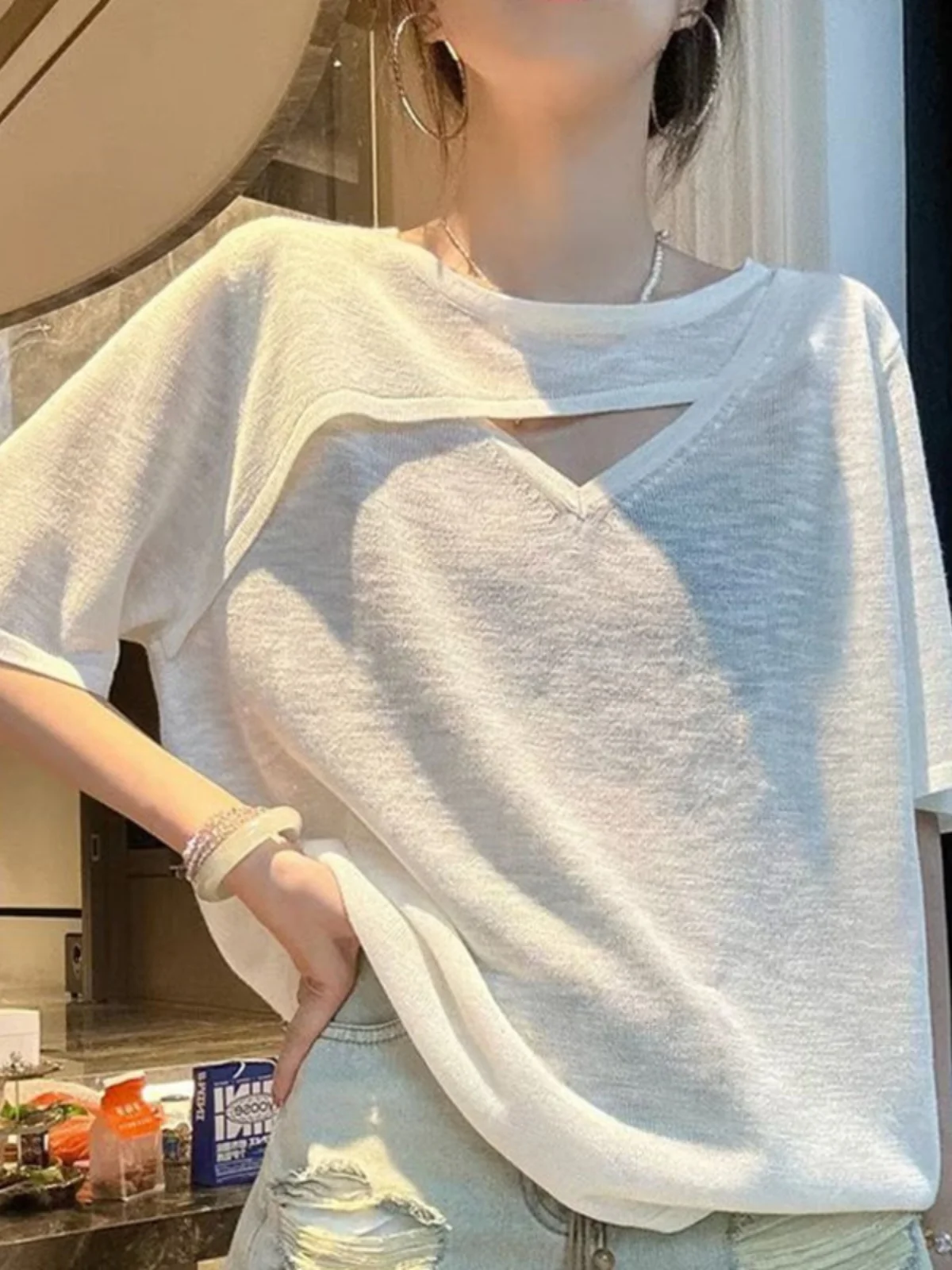 

Женская летняя футболка больших размеров с вырезами, свободного кроя, повседневная, универсальная, в корейском стиле, с круглым вырезом, базовых цветов