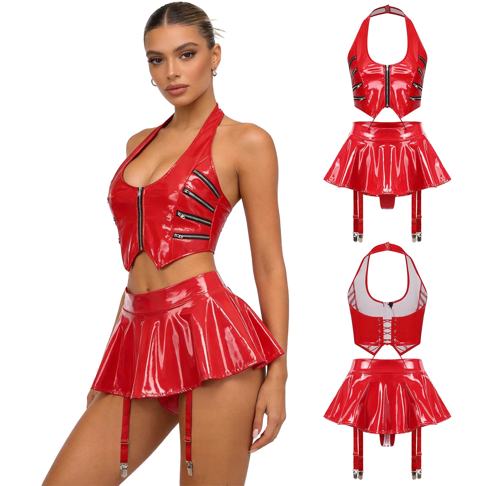 

Womens Wet Look Glossy PU Leather Sets Clubwear Party Outfits Halter Neck Crop Top with Miniskirt for Clubwear Dancing Burlesque