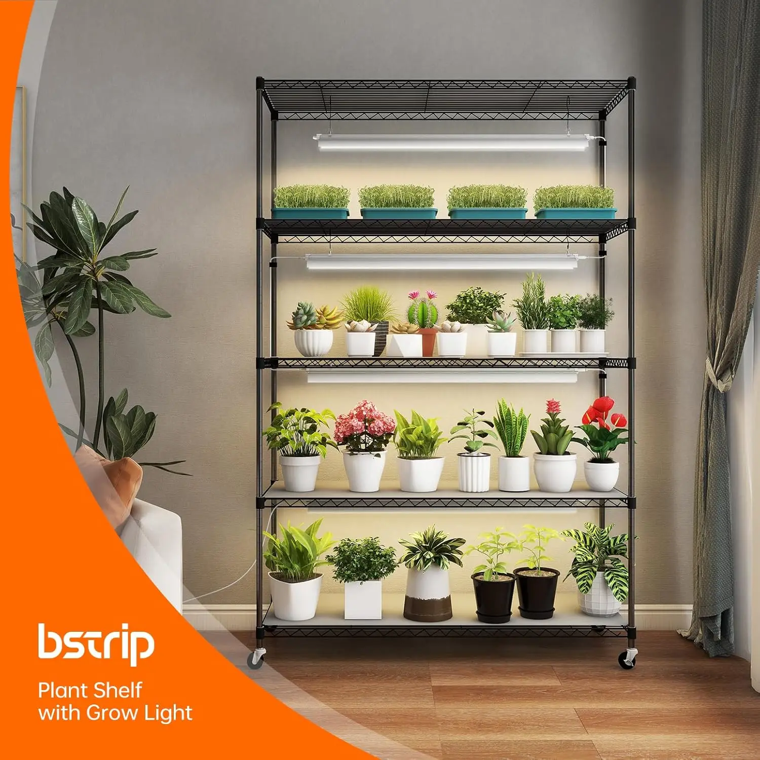 Plant Shelf with Grow Lights, 5 Tier Large Tall Plant Stand with 3FT T5 144w Grow Light for Indoor Plants, 3 Mode Full Spectrum