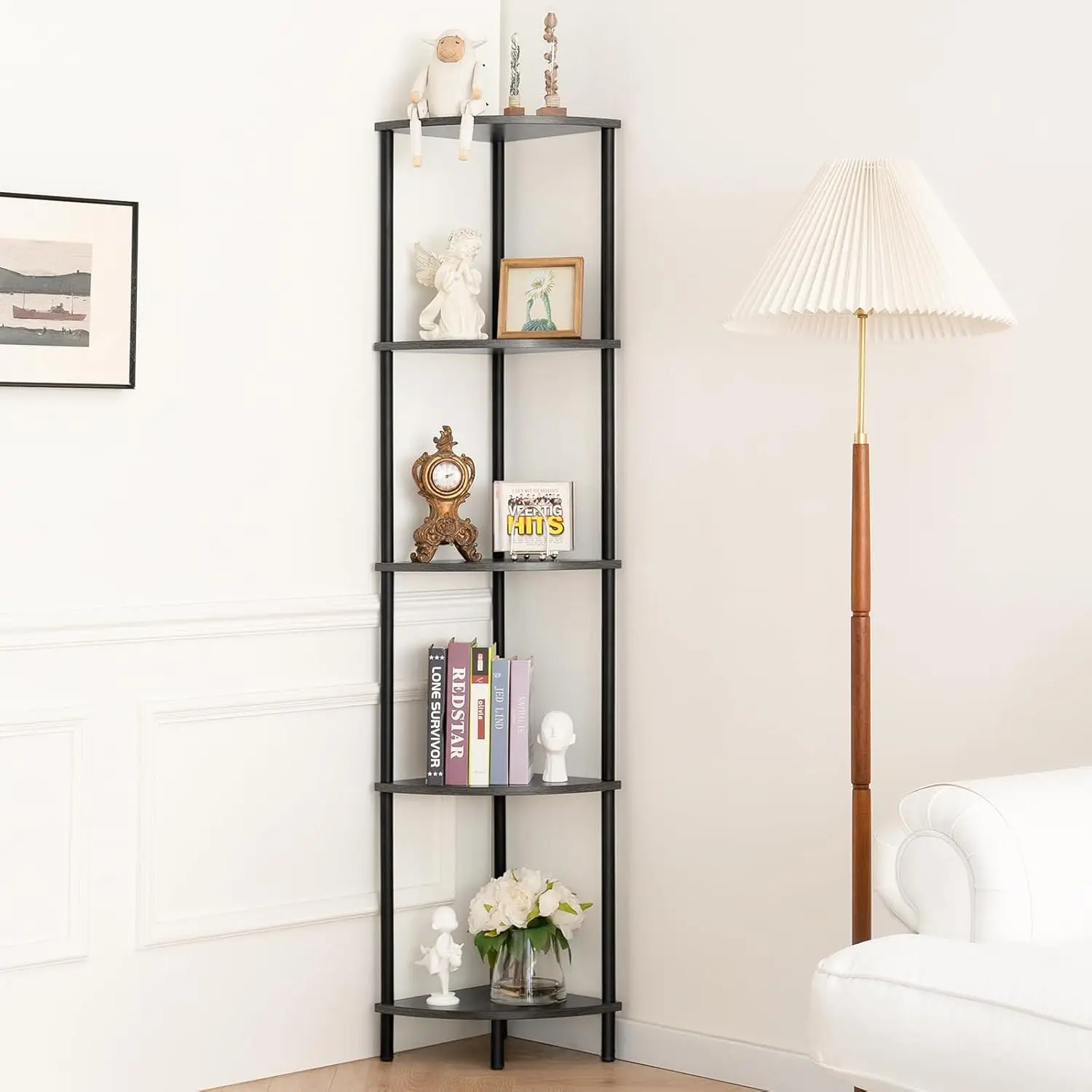 Corner Shelf Stand, 5-Tier Corner Bookshelf, Tall Corner Shelves for Bedroom, Living Room