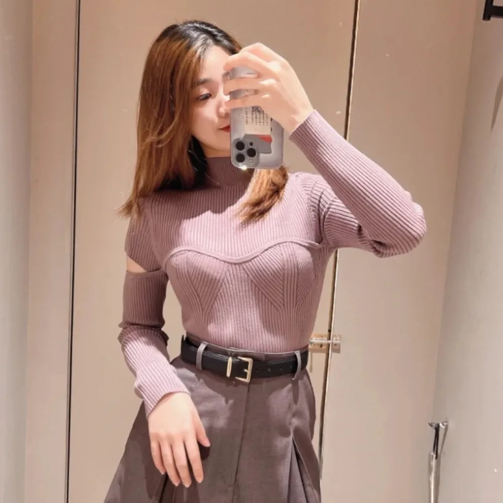 

Turtleneck Vintage Vent All-match Sweaters Pullover Panelled Patchwork Knit Jumper Japan Simple Office Lady Moda Mujer