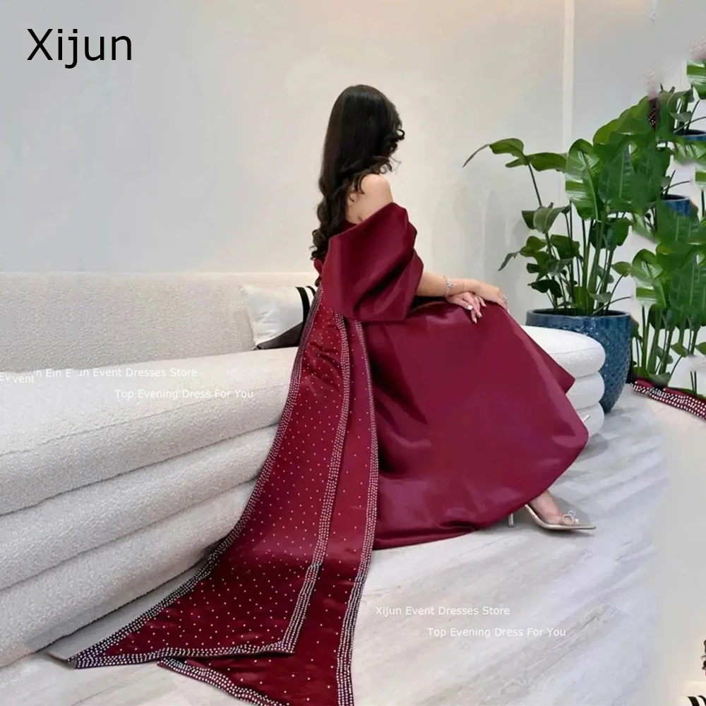 

Xijun Gogerous Wine Red Evening Dresses Bow Sleeves Off The Shoulder Prom Dresses Saudi Arabric Crystal Prom Gowns Party Dresses