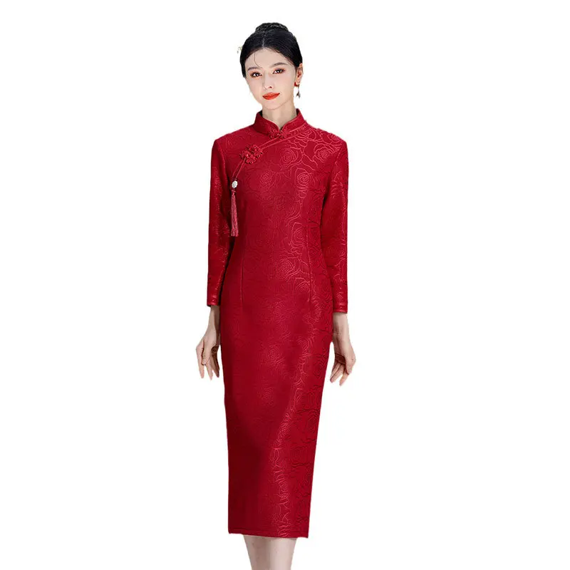 Cheongsam Improved Chinese Young Style Women Female Qipao Soft Tradtional Dress Fashionable Solid Color Red Long Sleeve Clothes