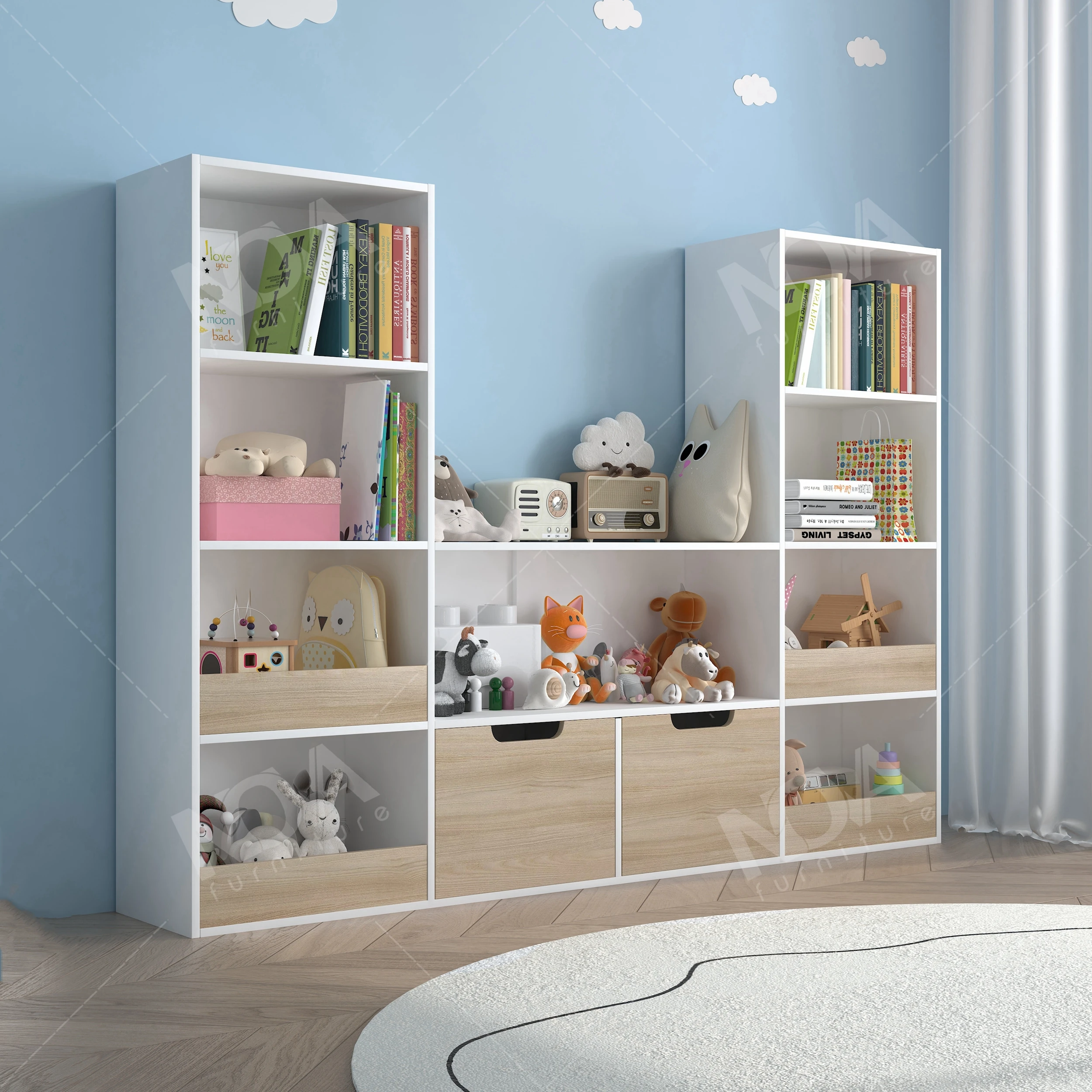 الأسهم الأمريكية خشبية على شكل حرف U كبيرة 4-Layer خزانة الكتب غرفة نوم الأطفال لعبة خزانة الأطفال القراءة رف الكتب الأثاث