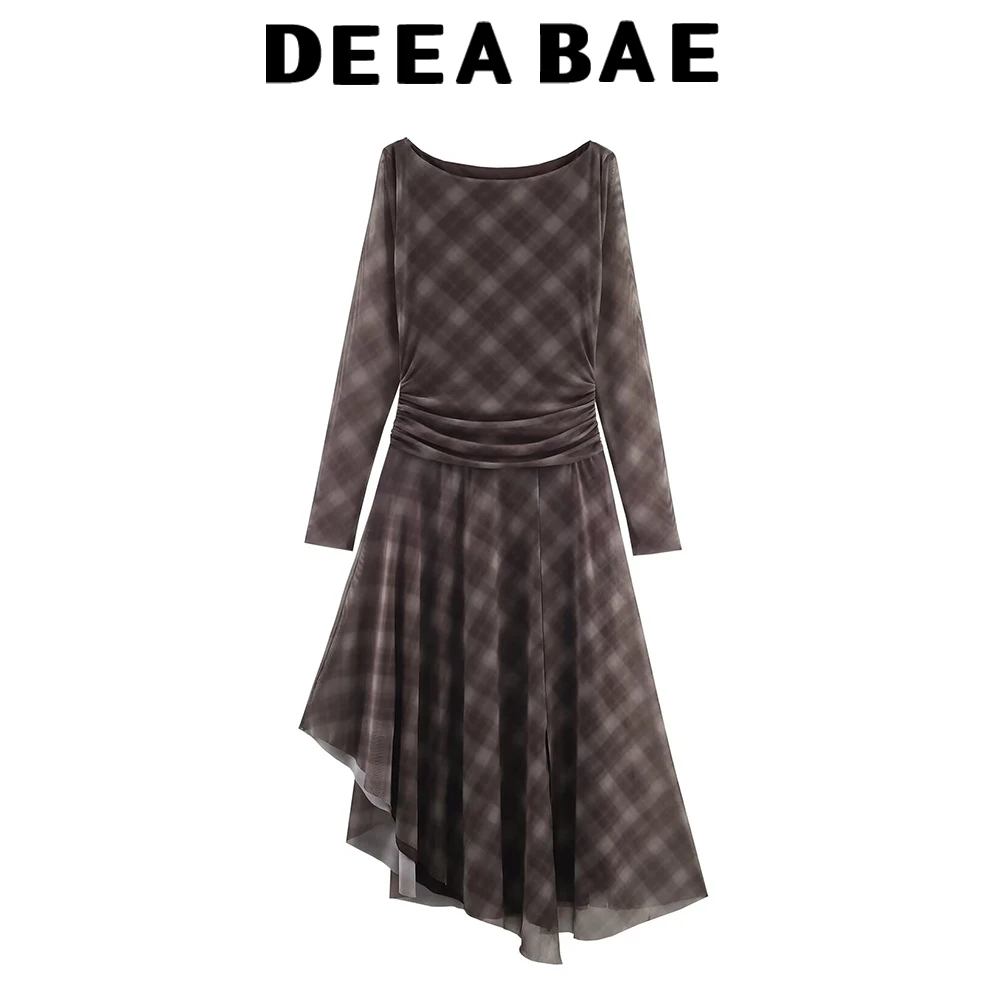 DEEABAE 2025, Herbst, neues Damen-Kleid mit kariertem, plissiertem Seidennetz, langen Ärmeln, Rundhalsausschnitt und asymmetrischem Saum