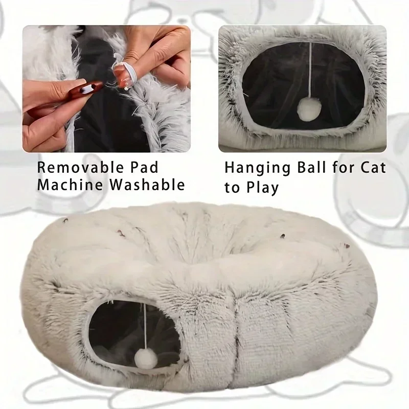 2 In1 Round Cat Beds House Funny Cat Tunnel Toy Soft Long Plush Dog Bed For Small Dogs Basket Kittens Bed Mat Kennel Deep Sleep