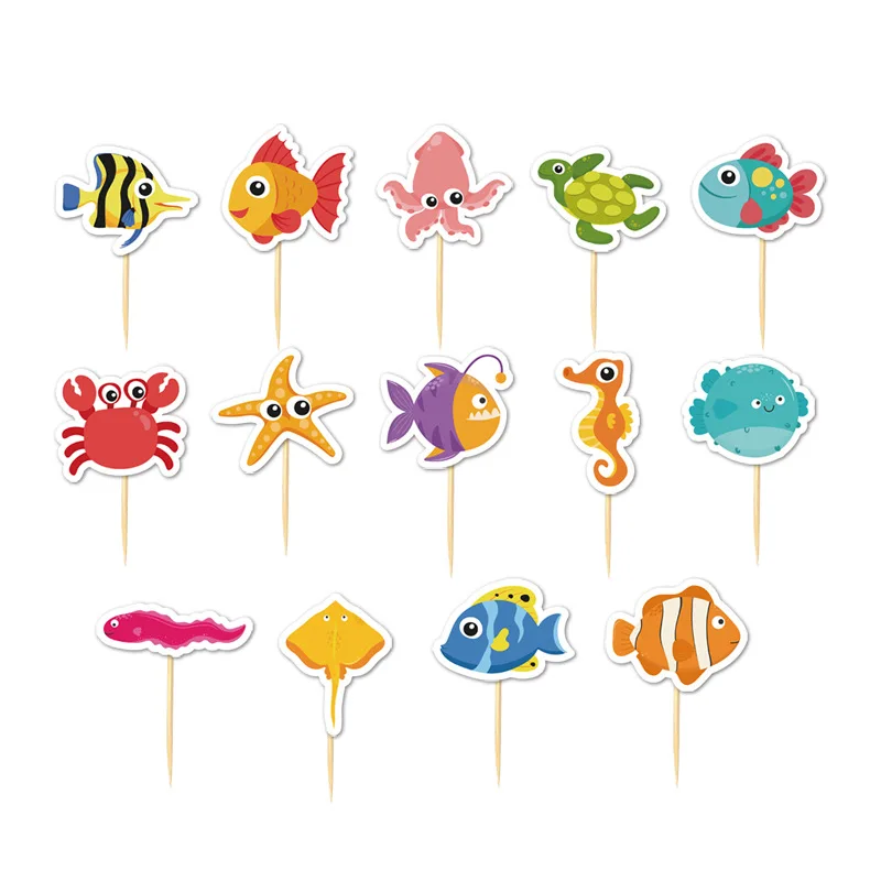 14pcs Sea Birthday Cake Topper Starfish Shell Turtle Crab Seahorse Octopus Kids Under the Sea Ocean Animals World Cupcake Topper