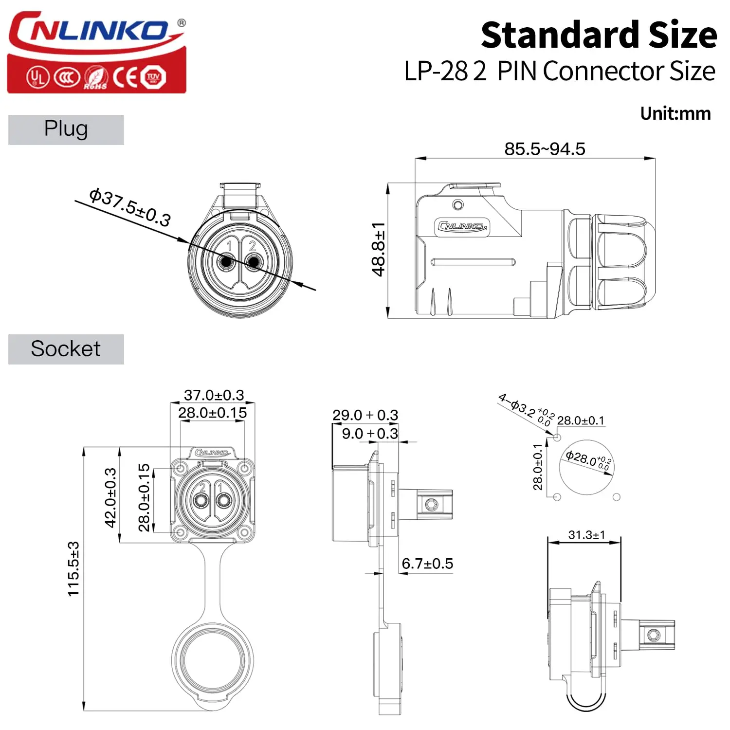 CNLINKO M28 50A 500V High Durability Industrial Connector Screw Wiring 2Pin 3Pin Waterproof Circular Electrical Cable Connector