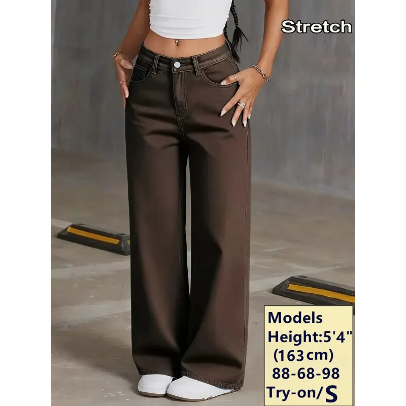 

OIQERE 2026 New Brown Stretch Wide Leg Jeans Women High Waist Loose Straight Denim Pants Streetwear Casual Vintage Trousers
