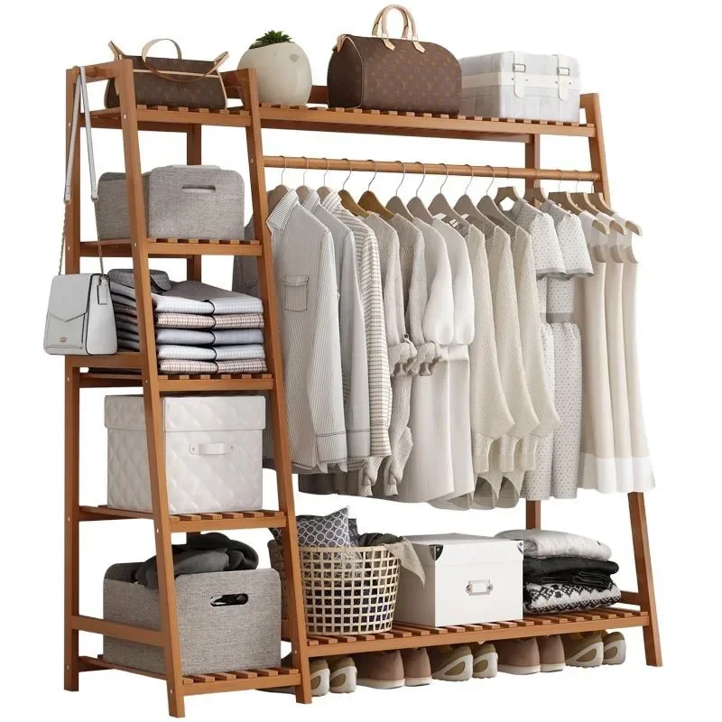 Simple clothes rack floor-to-ceiling bedroom space-saving household multi-functional solid wood coat rack