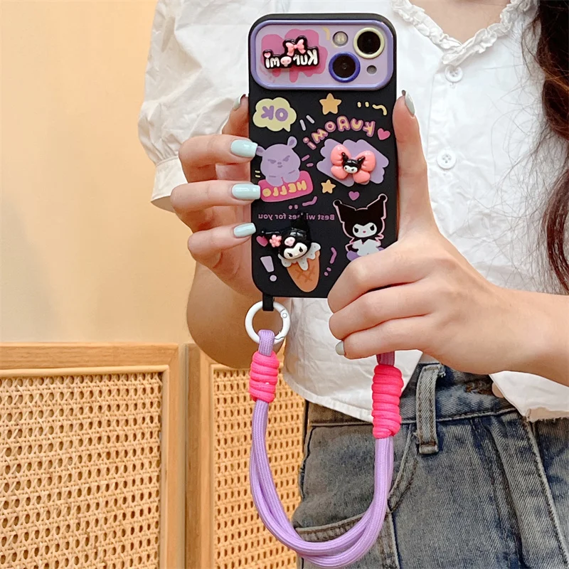 INS Hot Sanrio Purple Kuromi Case For iPhone 15 14 13 12 Pro Max Cute Cartoon Large Window Veneering With Lanyard Phone Cases