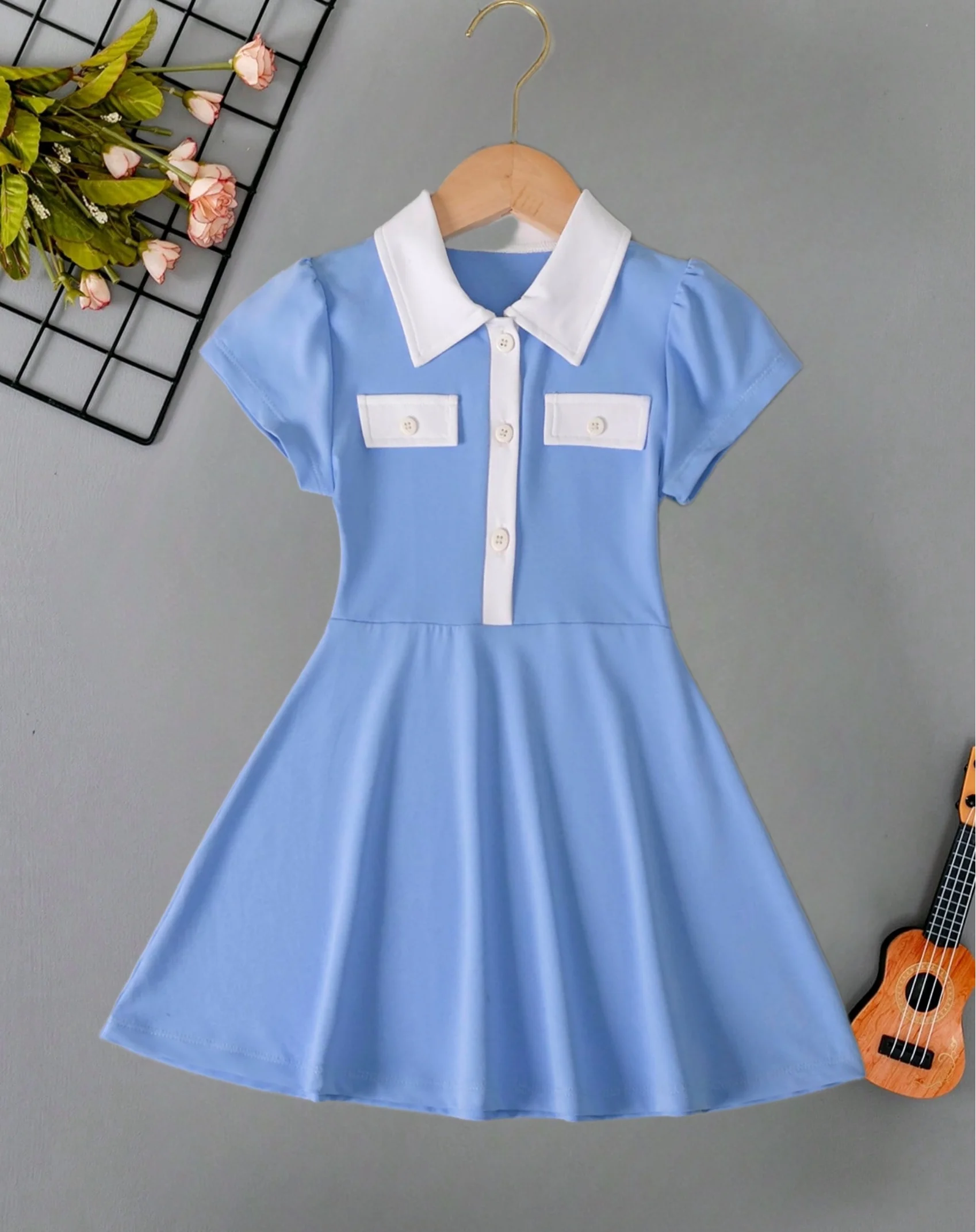Sweet preppy color contrast patchwork lapel fake pocket short sleeve A-line skinny POLO dress Summer kids girls