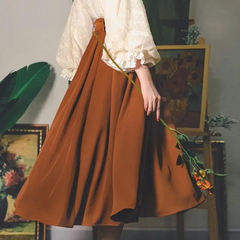 Draped Elegant Vintage Solid British Romantic Button Sash New Female Faldas Women Spring Fall Mid-Calf High Waist A-line Skirts