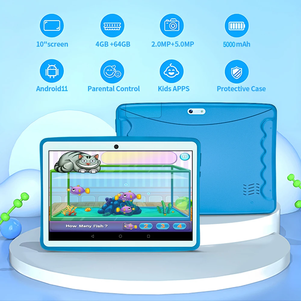 BDF nueva tableta para niños de 10,1 pulgadas con 4GB RAM + 64GB ROM resolución 1280*800 5000mAh gran capacidad de batería Android 11,0