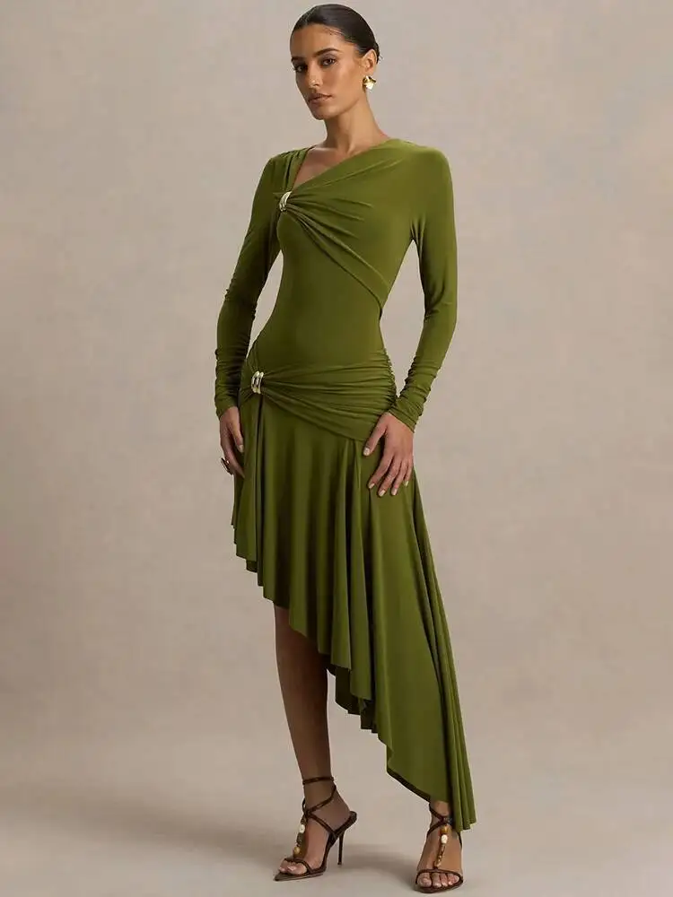 เดรสยาวทรงเอไลน์แขนยาว ดีไซน์ไม่สมมาตร คอเฉียง เอวสูง กระชับรูปร่าง  ชุดราตรีหรูหราสำหรับงานปาร์ตี้