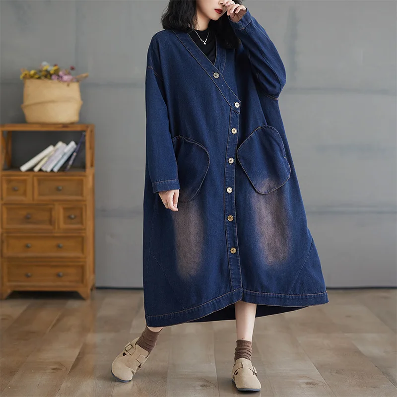 

Women Long Dress Denim Dresses A Line Vestidos Outerwear V Neck Full Sleeve Elegant Splice Y2k Streetwear Casual Loose Work 2025
