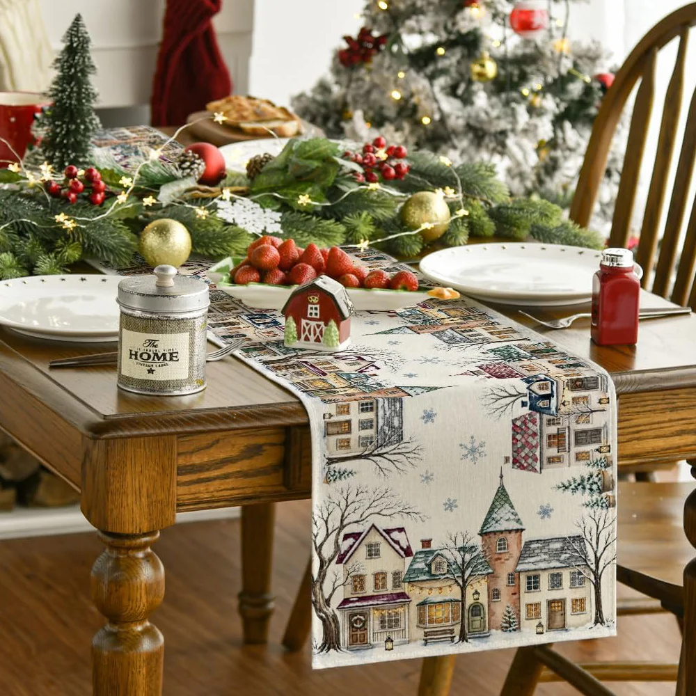 Happy Christmas Table Runner Snowy European Town Village Xmas Dresser Scarves Table Cover for Party Indoor Outdoor Decoration