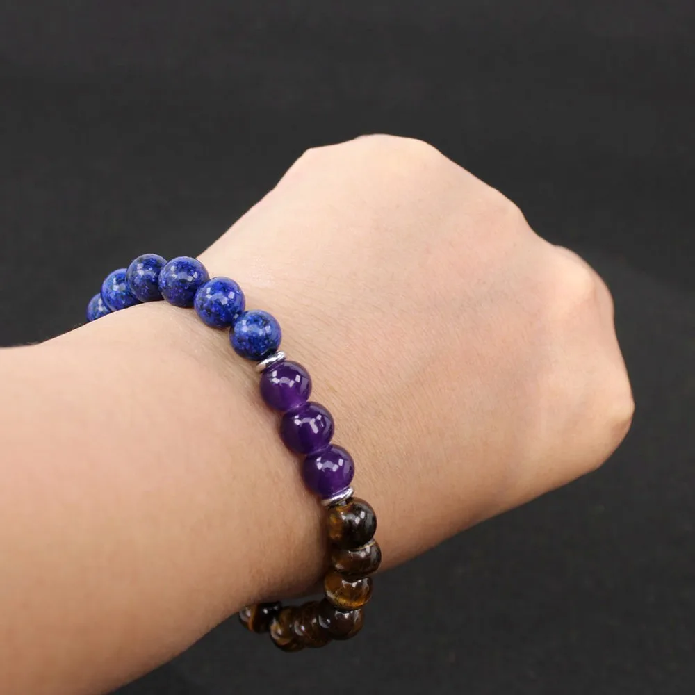 Amethyst Tiger Eye Lapis Lazuli Protection Bracelet, Unisex Anxiety Relief Beaded Healing Jewelry Gift