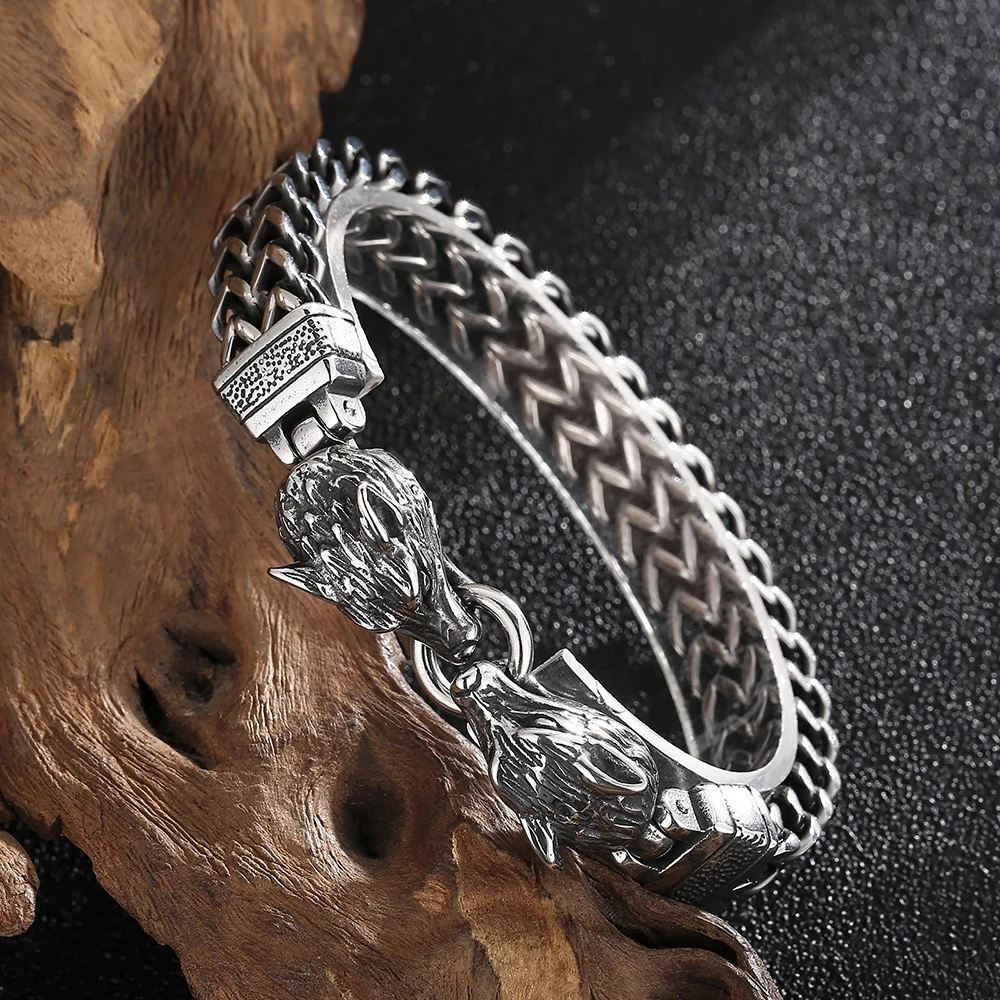 Vintage Double Vikings Wolf Head Bracelets For Men Stainless Steel Punk Hip Hop Animal Bracelet Biker Jewelry Gifts Dropshipping