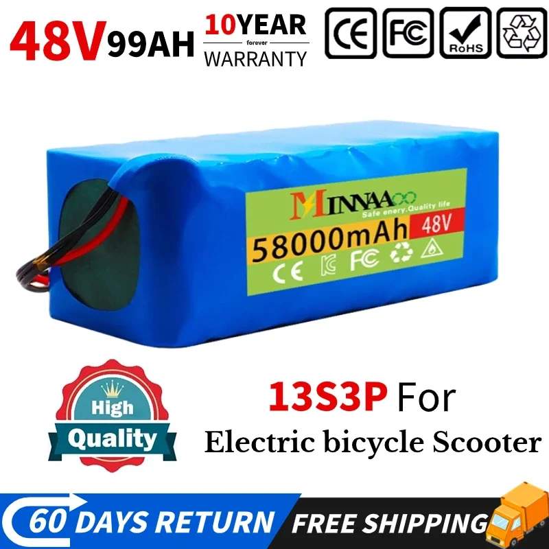 

48V 99Ah 1000w 13S3P XT60 18650 100Ah Lithium Ion Battery for Electric Bike Scooter with BMS and Charger