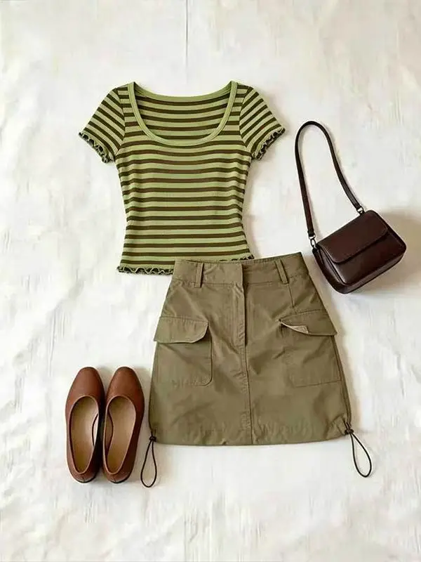 Slimming Effect Korean Style Women's round Neck Striped Top And Half Skirt Two-Piece Set Summer Casual Wear for Young Adults