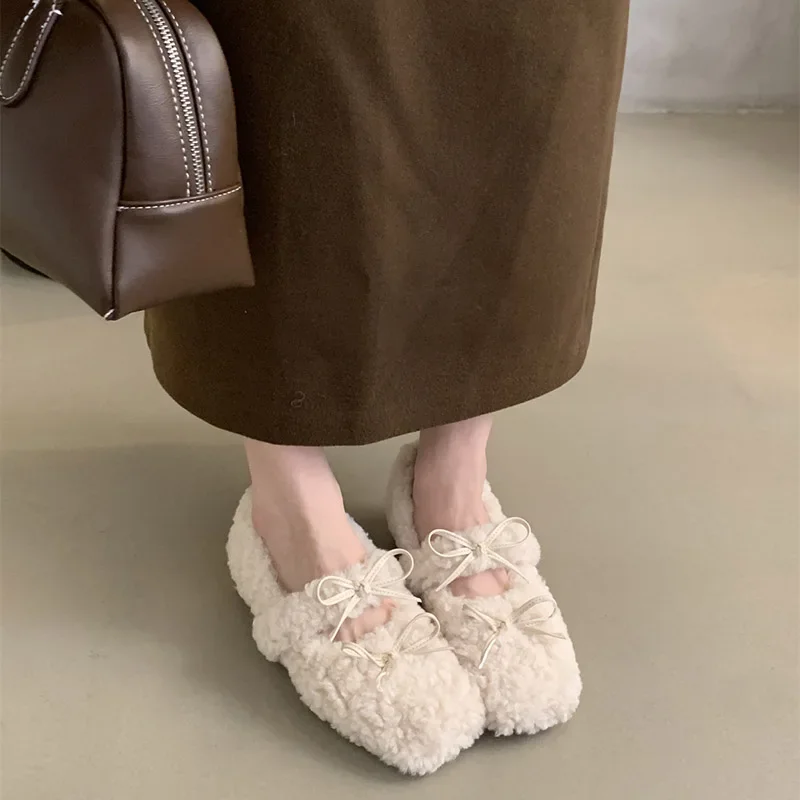 Vintage Women Fur Flats Shoes Fashion Shallow Butterfly-knot Shoes Spring Autumn Ladies Elegant Keep Warm Shoes