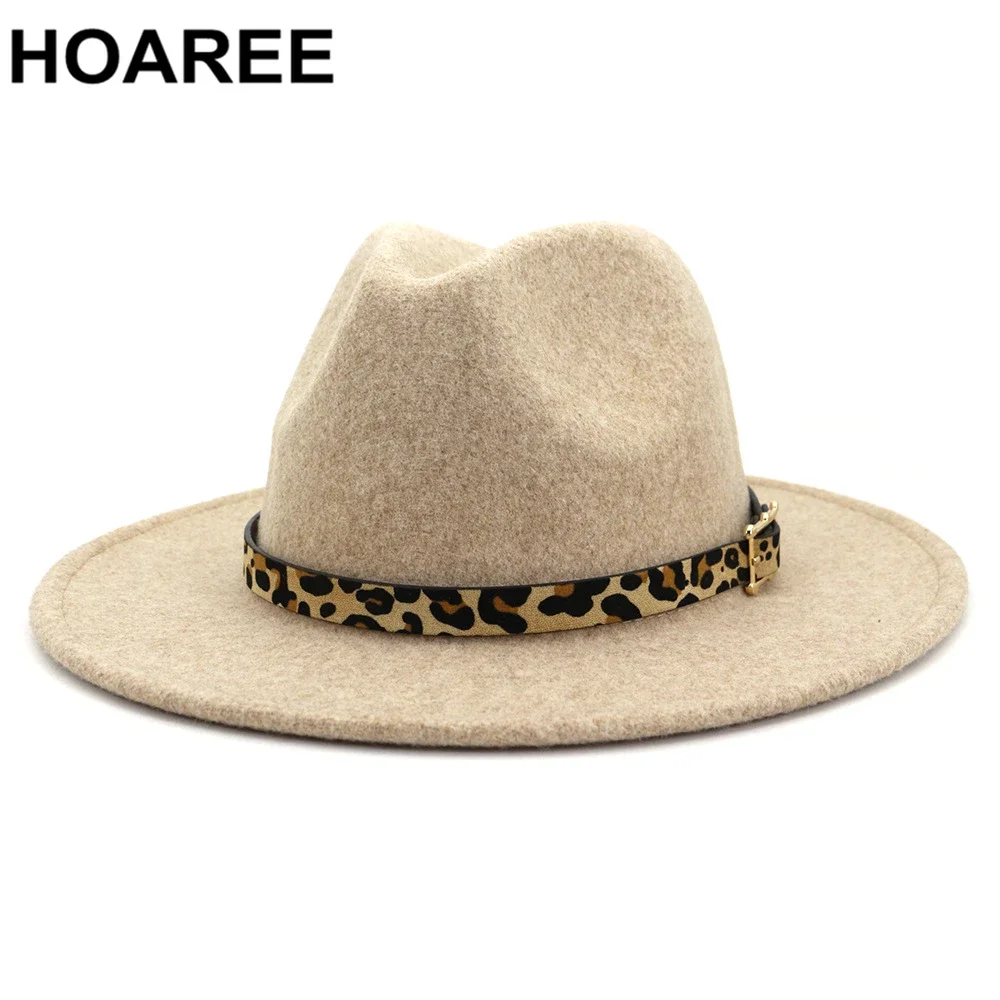 

HOAREE Beige Wool Fedora Hat for Women Men British Style Vintage Wide Brim Fedoras Leopard Belt Felt Hat Jazz Winter Trilby Cap