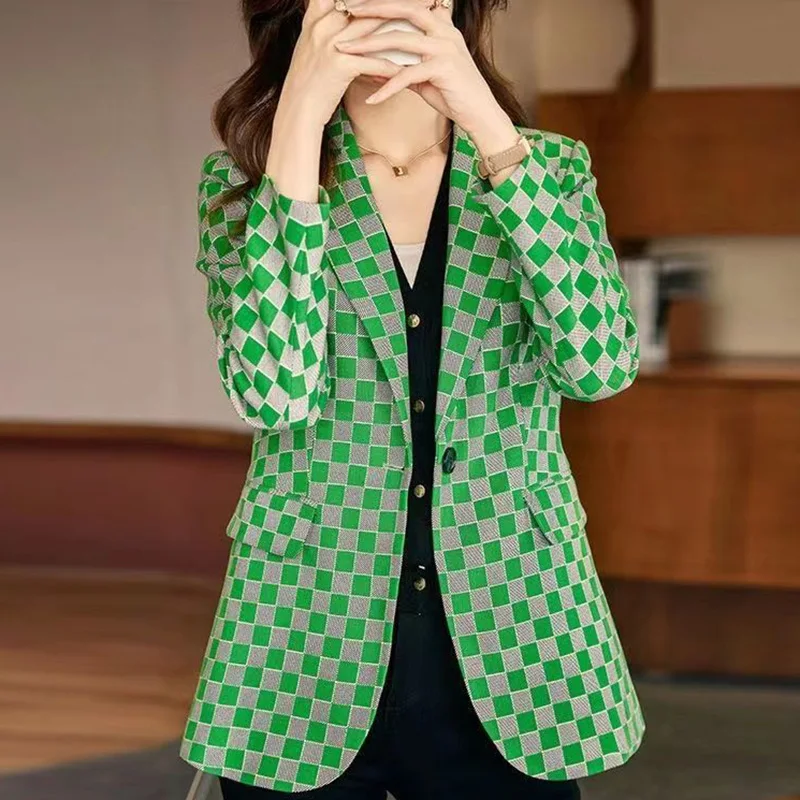 Blazer de celosía empalmado con botones y solapa para mujer, ropa informal de gran tamaño, Tops de oficina, 2023