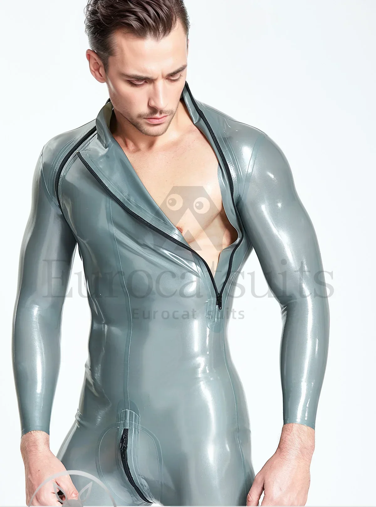 

latex catsuits men eurocat suits latex zentai rubber fetish customised 0.4mm clubwear Male Double-Diagonal Zip Catsuit