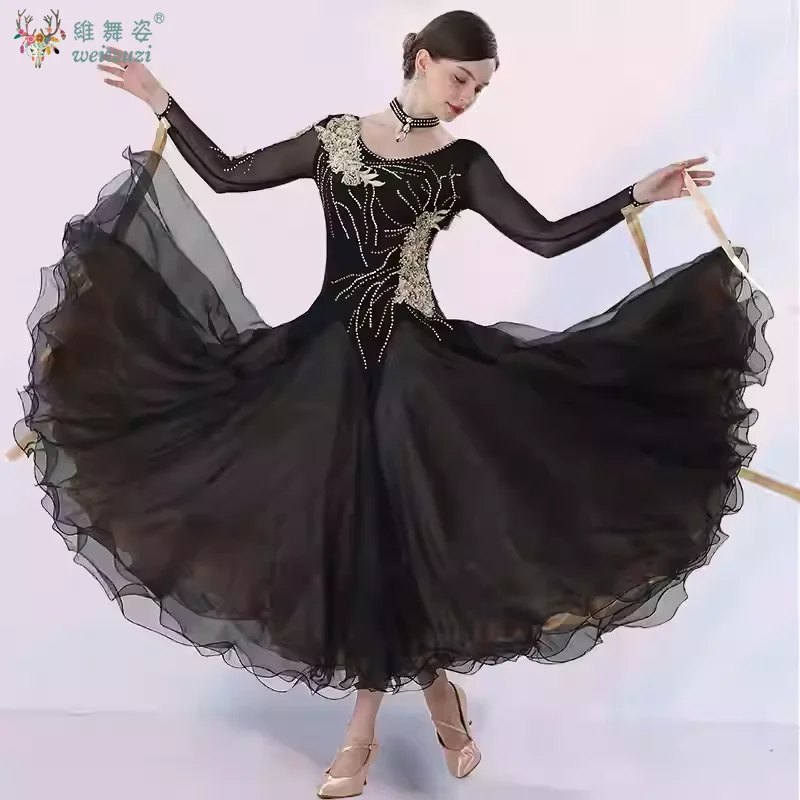 

Ballroom Dancing Dresses Customized High-end Bright Diamond Embroidery Long Sleeves Dress Waltz Foxtrot Tango Big Swing Dress