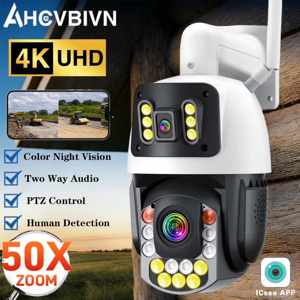 

﻿ Уличная беспроводная PTZ-камера видеонаблюдения с 50-кратным оптическим зумом, 8 МП, 4K, двумя экранами, металлическим корпусом, 360° обзором ° IP-камера безопасности для умного дома