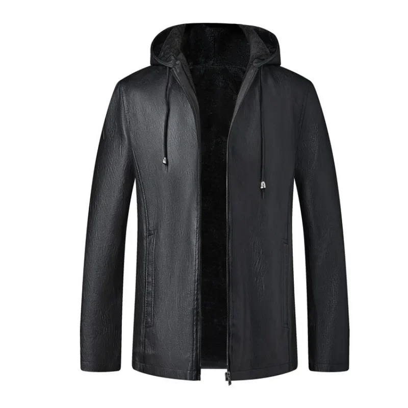 Winter High-end Men\'s Hooded Leather Jacket with Waterproof Windproof and Plush Insulation Men Clothing