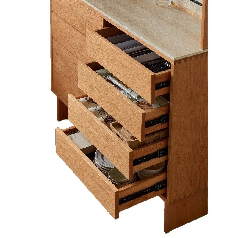 Solid Cherry Wood Narrow Sideboard Wall Mounted Storage Cabinet for Small Apartment Restaurant Slate Top Coffee Station