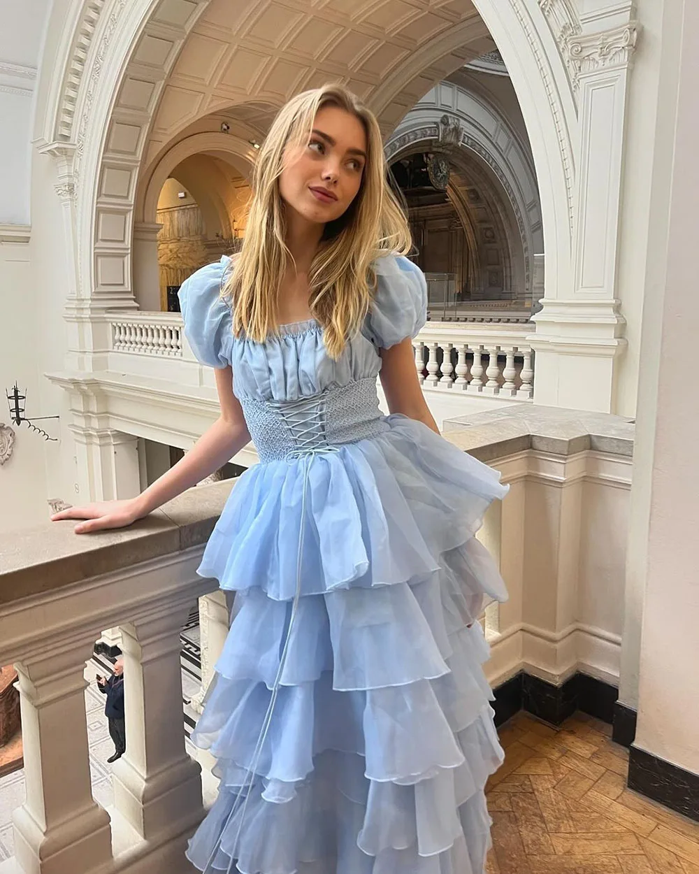 Msikoods Sky Blue Tiered Skirt Prom Dresses 15 Quinceanera Dresses Puff Short Sleeves Lace Up Formal Party Gowns Birthday Dress