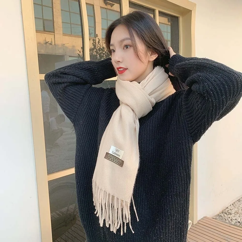 

Cold-proof Polyester Classic Wool Scarf Soft Windproof Solid Color Shawl Korean Style Warmer Long Neckscarf with Tassel Winter