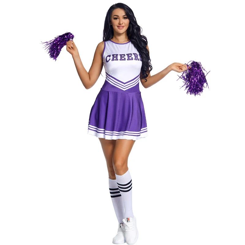 

5 Colour NEW Cheerleader High School Costume Competition Dance Uniform Pompoms Sock Cosplay Fancy Party Dress Carnival Halloween