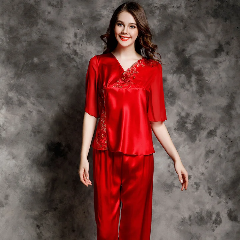 6A 100% Mulberry Silk Pajamas Women Real Silk Pajama Sets Sleepwear Solid Color Half Sleeve Pyjamas Embroidered Two-piece Suit