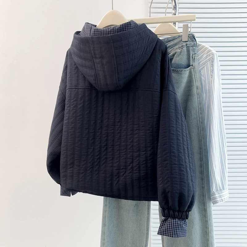 Autumn Winter Large Size Hooded Plaid Splicing Cotton Jacket Loose Slimming Trendy Small Cotton Clothes Women  Color Zipper