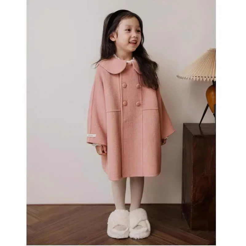 

Baby Girls Autumn Winter Kawaii Pink Long Double Brested Trench Coats 100-160 Size Junior Teens Woolen Dress Princess Jackets