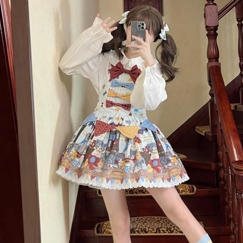 

Japan Kawaii Lolita Style Jsk Dress Women Sweet Cat Print Bow High Waisted Sleeveless Strap Dresses Girls Cute Cosplay Costumes