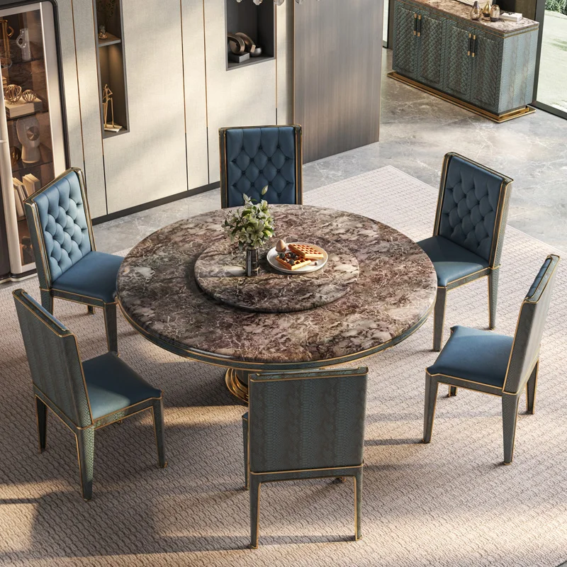 

Italian light luxury round marble dining table and chairs designer dining table with turntable villa luxury living room furnitur