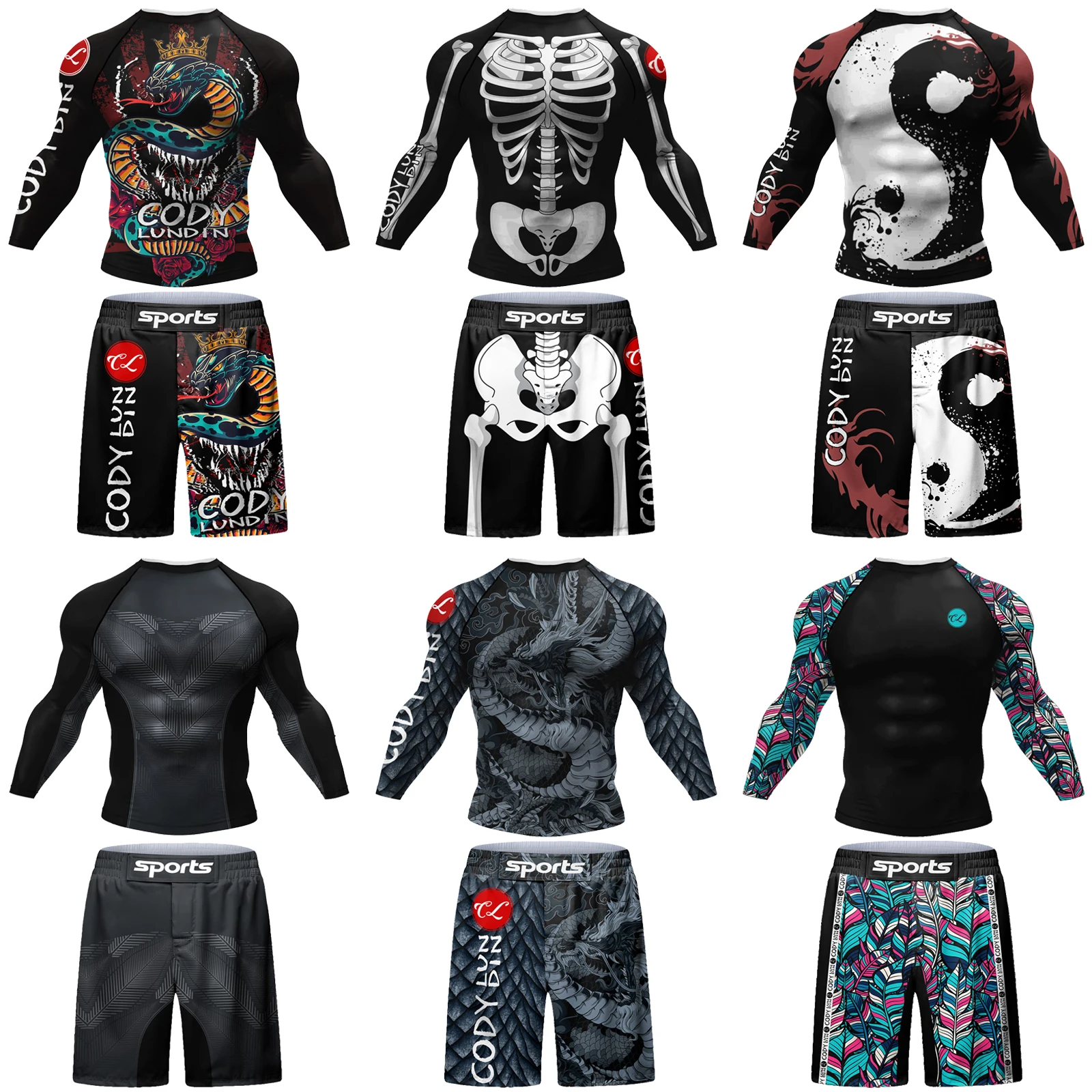 Wholesale Man Sportswear Sunscreen Polyester Rash Guard T Shirt + MMA Pants Short Sets for Men 3D Dragon Skull Martial Arts Wear